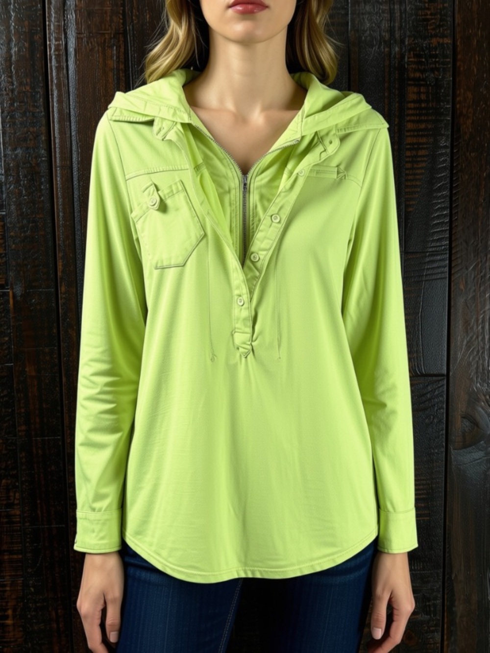 Mur Mur Lime Green Cotton/Silk Hoodie Sporty Long-Sleeve Women's Top Small